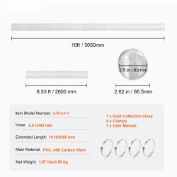 PVC-muovinen puruletku 63 mm x 3050 mm hiiliteräskierrolla 4 ruostumatonta kiristintä