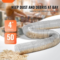 PVC pölynpoistoletku 100 mm 15,24 m paksunnettu teräslankakierre 4 kiristintä puuntyöstökoneisiin