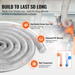 PVC pölynpoistoletku 100 mm 15,24 m paksunnettu teräslankakierre 4 kiristintä puuntyöstökoneisiin
