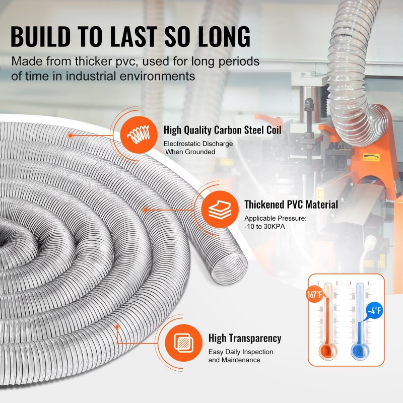 PVC pölynpoistoletku 100 mm 15,24 m paksunnettu teräslankakierre 4 kiristintä puuntyöstökoneisiin