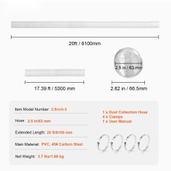 Pölynpoistoletku PVC 63 mm 6,1 m läpinäkyvä hiiliteräskierre 4 kpl 304 kiristimiä