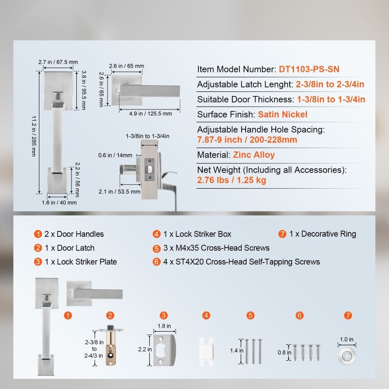 Etuoven neliönmuotoinen vedinsarja sinkkiseos satiininikkeli käännettävä oikea ja vasen