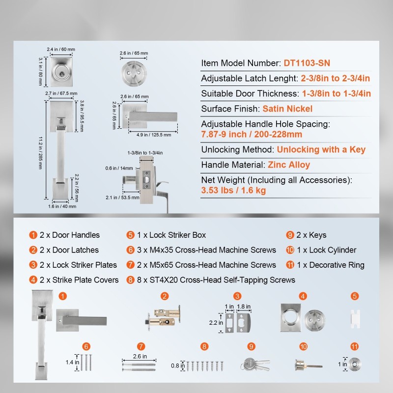 Etuoven vedin- ja lukkosetti sinkkiseos satiininikkeli käännettävä oikea- ja vasenkätisiin
