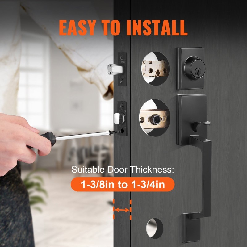 Etuoven mattamusta neliönmuotoinen vedin ja lukosarja sinkkiseos käännettävä avaimella lukittava