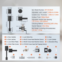 Etuoven mattamusta neliönmuotoinen vedin ja lukosarja sinkkiseos käännettävä avaimella lukittava