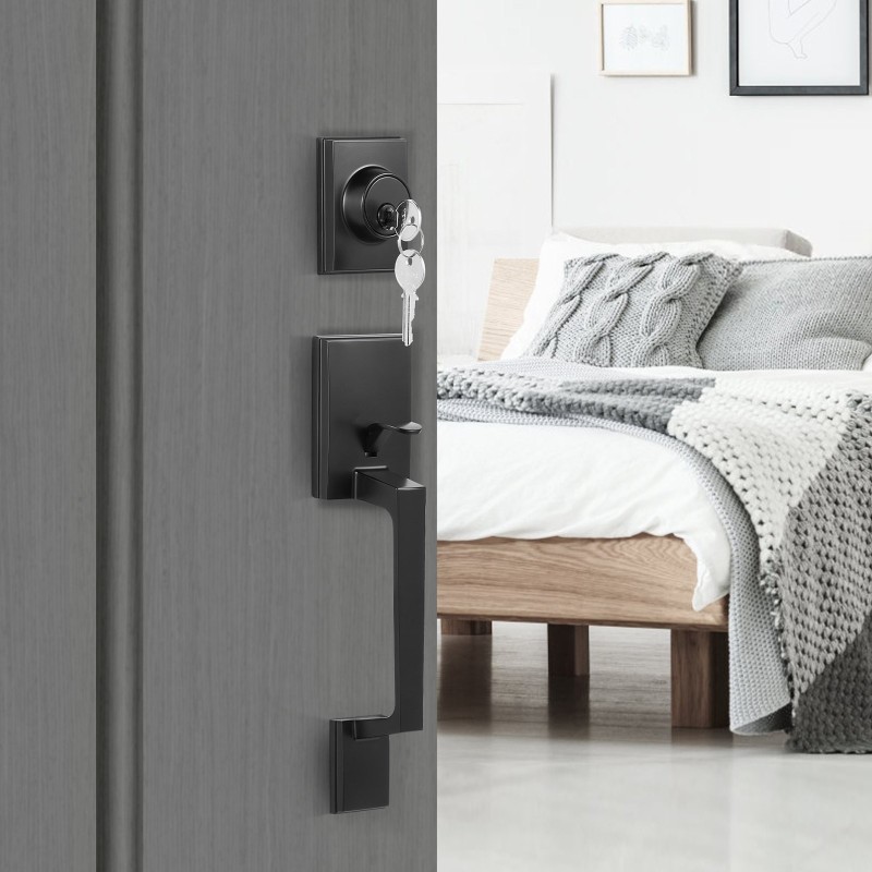 Etuoven mattamusta neliönmuotoinen vedin ja lukosarja sinkkiseos käännettävä avaimella lukittava