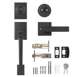 Etuoven mattamusta neliönmuotoinen vedin ja lukosarja sinkkiseos käännettävä avaimella lukittava