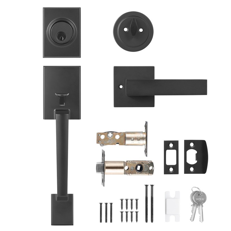 Etuoven mattamusta neliönmuotoinen vedin ja lukosarja sinkkiseos käännettävä avaimella lukittava