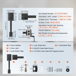 Etuoven vedin sinkkiseos mattamusta neliölevyllä käännettävä säädettävä reiänväli 200–228 mm