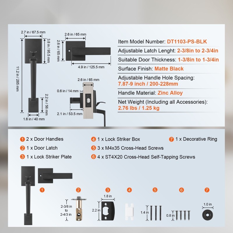 Etuoven vedin sinkkiseos mattamusta neliölevyllä käännettävä säädettävä reiänväli 200–228 mm