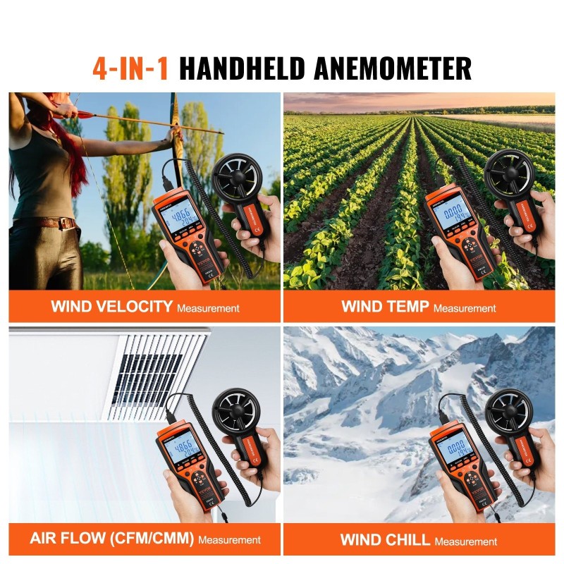 Käsikäyttöinen jaettu CFM-tuulimittari ABS-TPE-materiaali LED-näyttö tuulennopeus lämpötila