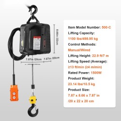 Kannettava sähkönostin 498,95 kilogrammaa nostokyky 7 metriä nostokorkeus 1500 wattia johdollinen kauko-ohjain
