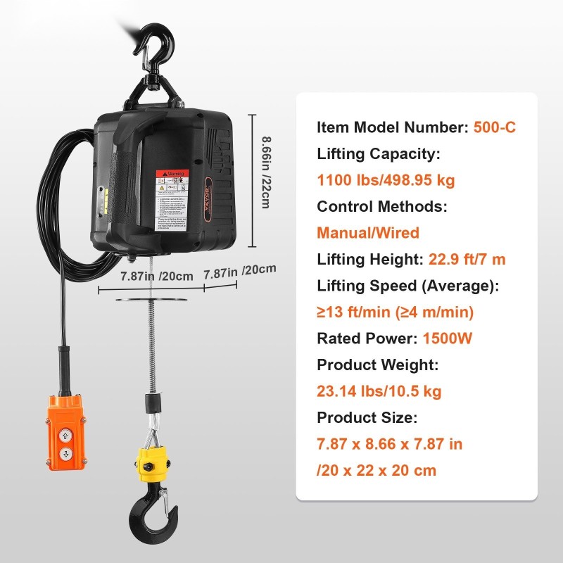 Kannettava sähkönostin 498,95 kilogrammaa nostokyky 7 metriä nostokorkeus 1500 wattia johdollinen kauko-ohjain