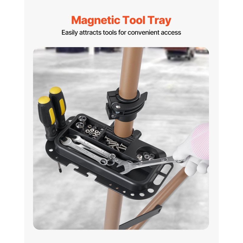 Pyörän huoltoteline Q195-teräs kantavuus 39.9 kg säädettävä 105–152 cm magneettitarjotin 360° puristin