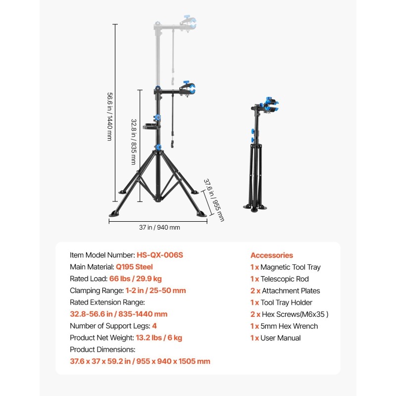 Pyörän huoltoteline Q195-teräs 29,9 kg kantavuus 835–1440 mm taittuva magneettinen työkalutarjotin