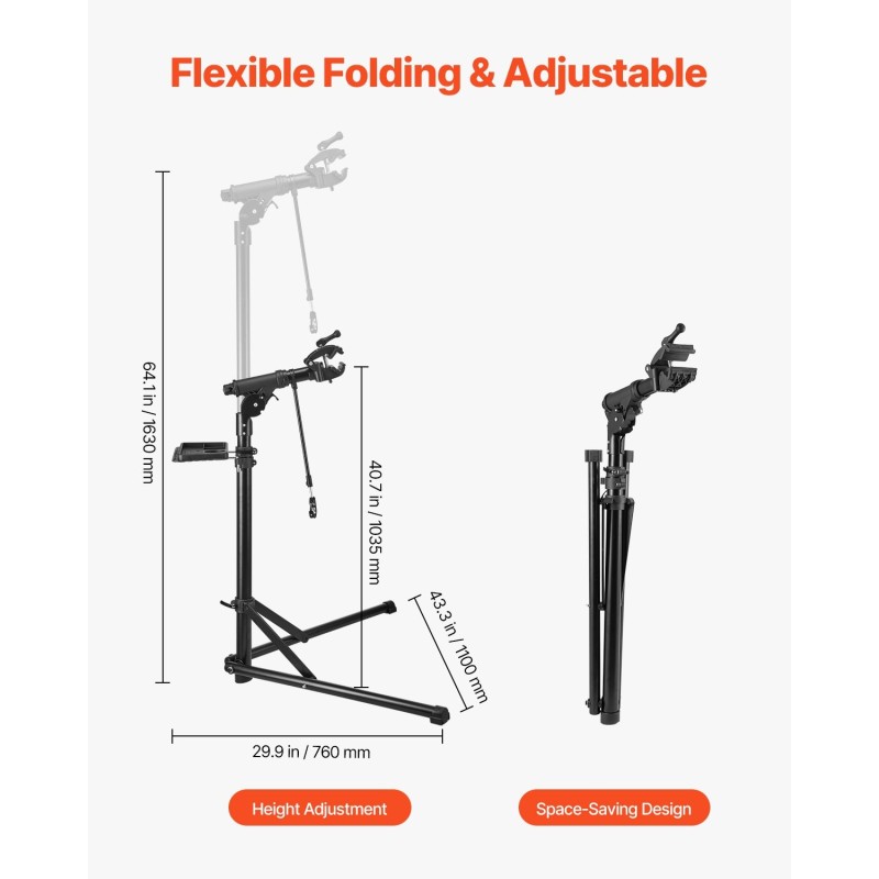 Pyöränhuoltoteline alumiiniseos säädettävä 1035–1630 mm korkeus 38,6 kg kantavuus magneettinen työkalutaso