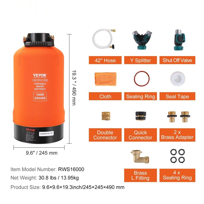 Kannettava vedenpehmennin elintarvikelaatuisella hartsilla 3/4-tuuman messinkiliittimillä 42-tuumaisella letkulla