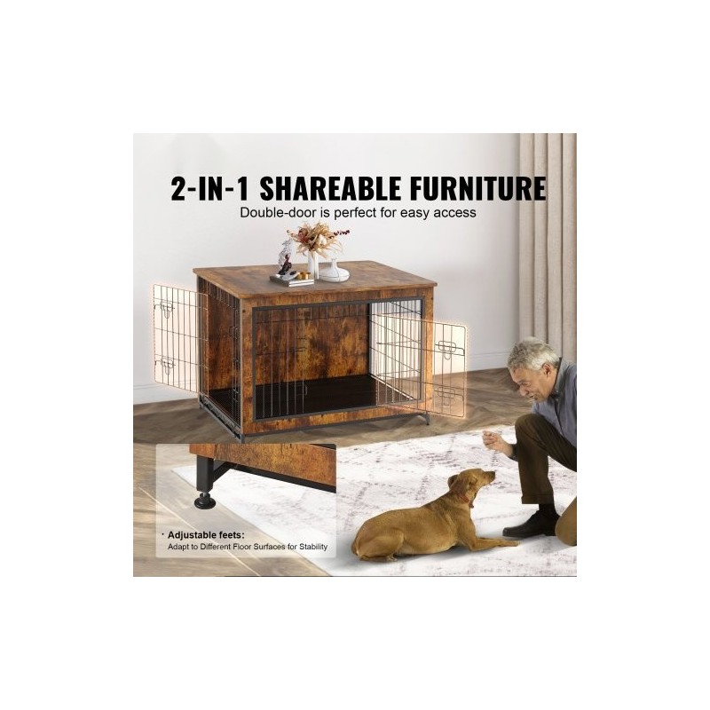 Koirankoppi P2-luokan lastulevystä sisäkäyttöön kahdella ovella irrotettavalla tarjottimella ruskea