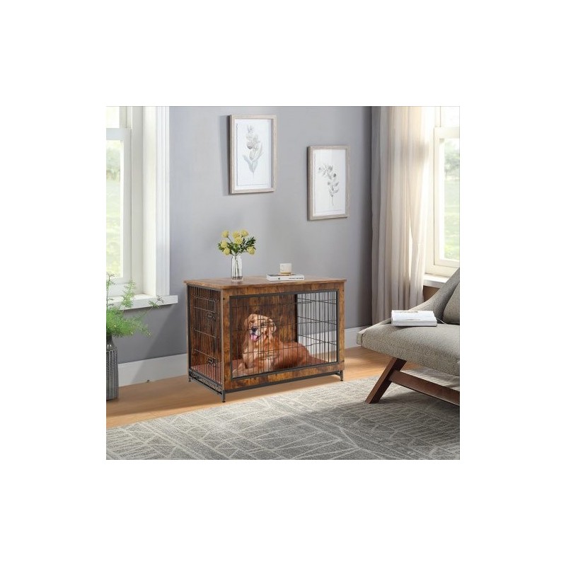 Koirankoppi P2-luokan lastulevystä sisäkäyttöön kahdella ovella irrotettavalla tarjottimella ruskea