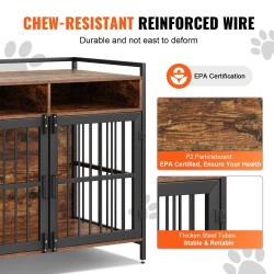 Huonekalutyylinen koiranhäkki P2-luokan lastulevy hiiliteräsrunko kaksoisovet kahdella säilytyslokerolla ruskea 104 cm