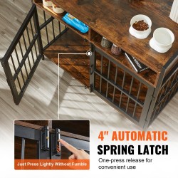 Huonekalutyylinen koiranhäkki P2-luokan lastulevy hiiliteräsrunko kaksoisovet kahdella säilytyslokerolla ruskea 104 cm