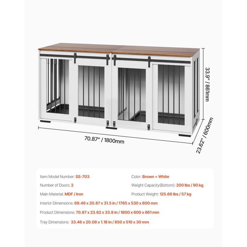 Kaksoishäkki kahdelle koiralle teräsrunko ja P2-luokan MDF-levy TV-tasona ruskea ja valkoinen