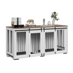 Kaksoishäkki kahdelle koiralle teräsrunko ja P2-luokan MDF-levy TV-tasona ruskea ja valkoinen