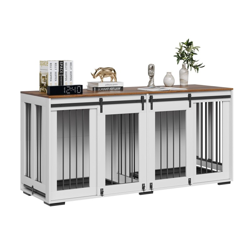 Kaksoishäkki kahdelle koiralle teräsrunko ja P2-luokan MDF-levy TV-tasona ruskea ja valkoinen