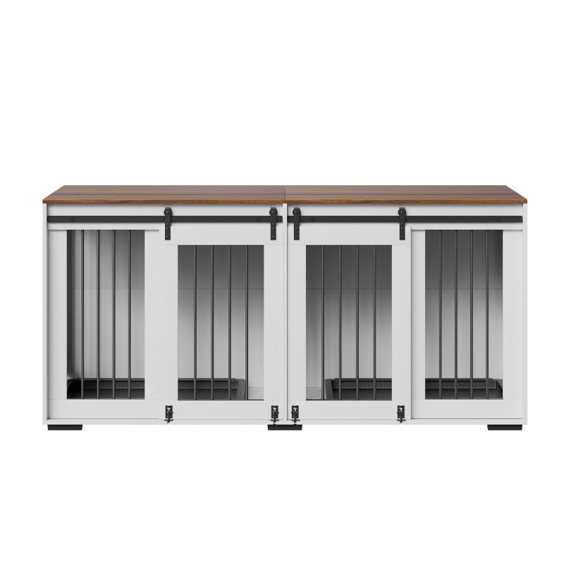 Kaksoishäkki kahdelle koiralle teräsrunko ja P2-luokan MDF-levy TV-tasona ruskea ja valkoinen