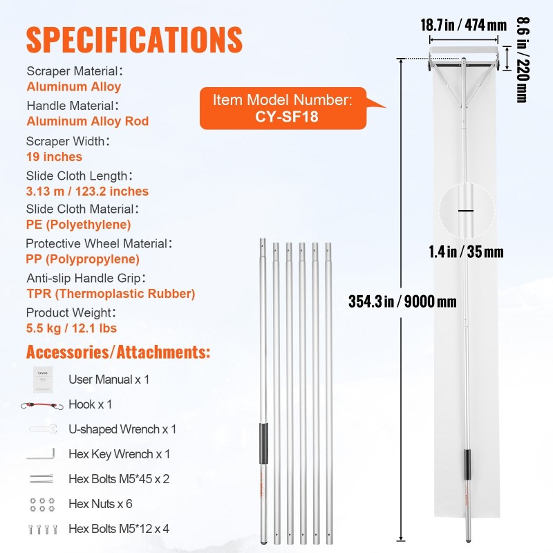 Kattolumiharja alumiinirunko 914,4 cm ulottuvuus 48,3 cm terä liukukankaalla liukuestekahvalla