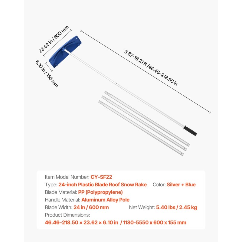 Kattolumikola PP-muoviterä 600 mm alumiinivarsi säädettävä 1180–5550 mm pyörillä