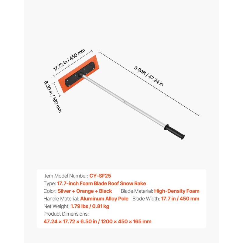 Lumiharja alumiinivarsi 1,2 m vaahtomuoviterä 45 cm liukumaton kahva