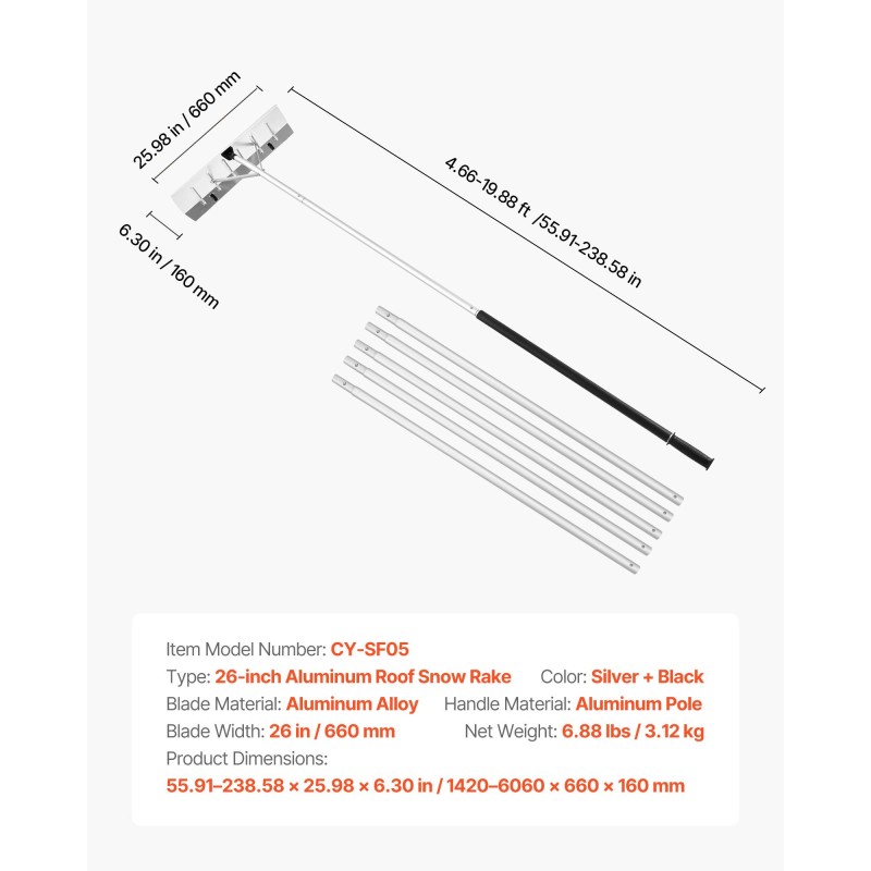 Kattolumiharja 66 cm alumiiniterällä säädettävä 2,3–6 m varsi rullilla