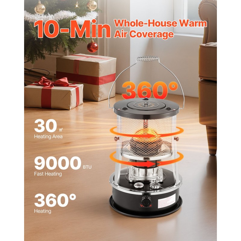 Siirrettävä kerosiinilämmitin ja liesi 9000 BTU 19 L säädettävä liekki musta