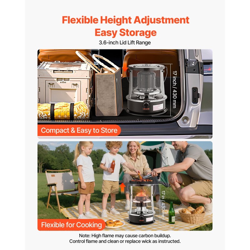 Siirrettävä kerosiinilämmitin ja liesi 9000 BTU 19 L säädettävä liekki musta