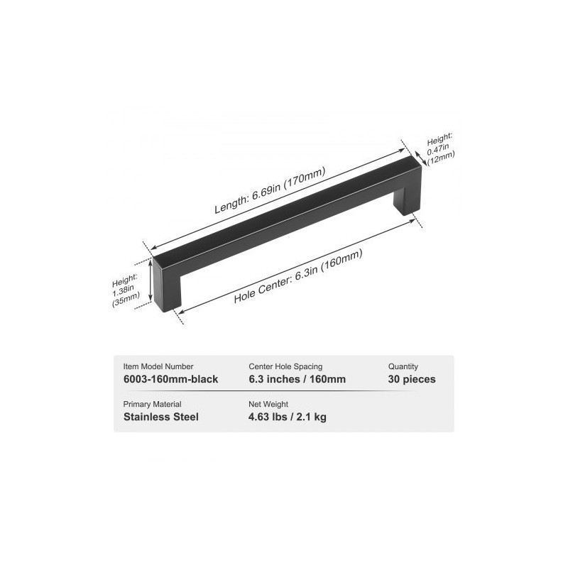 Kaapinvetimet ruostumaton teräs keskeltä keskelle 160 mm 30 kpl mattamusta ohut neliömäinen