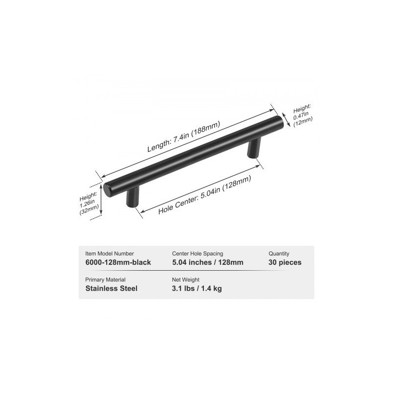 Kaapinvedin ruostumattomasta teräksestä 128 mm keskietäisyys mattamusta 30 kpl keittiöön