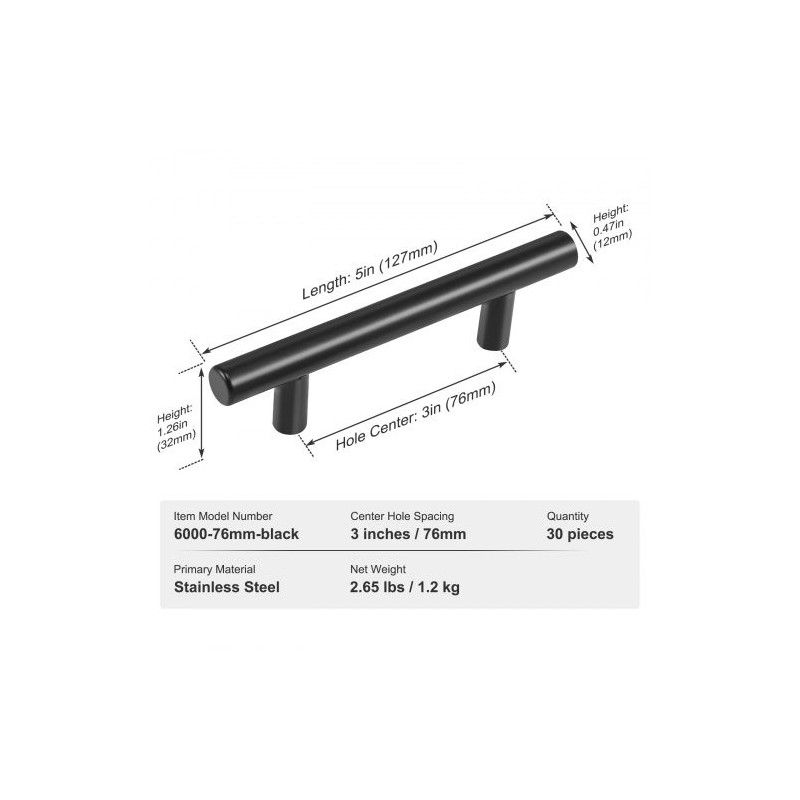 Kaapinvetimet ruostumattomasta teräksestä 76 mm keskeltä keskelle 30 kpl mattamusta