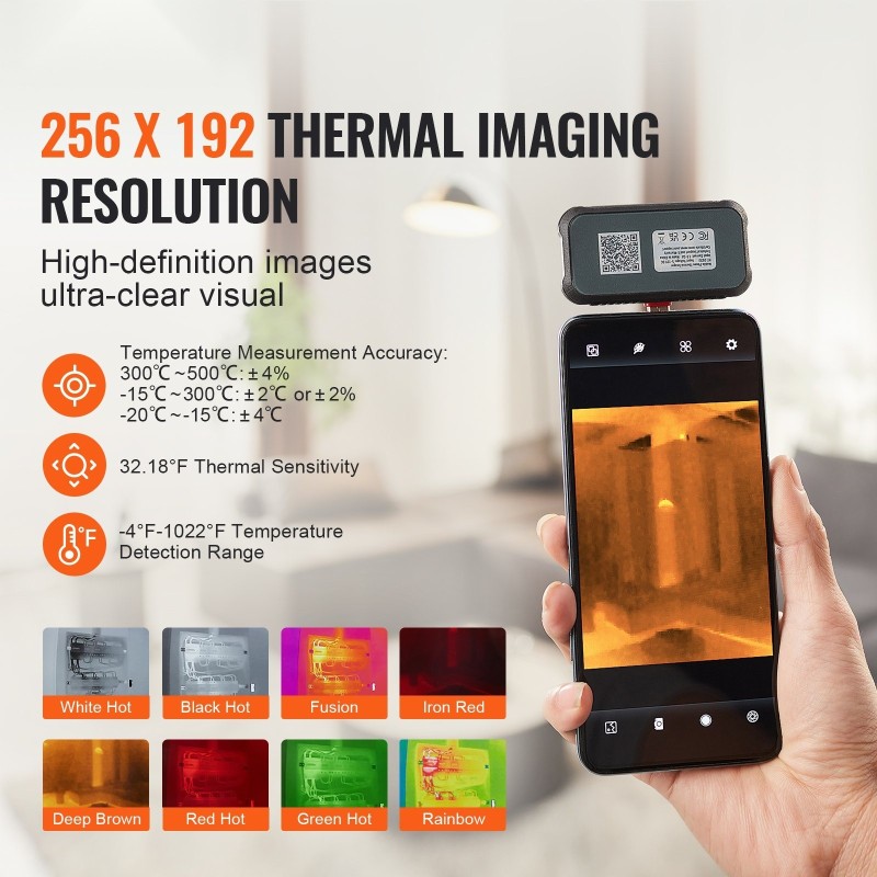 Lämpökamera 256×192 pikseliä 25 Hz Android‑yhteensopiva Type‑C‑liitäntä IP54 -20–550 °C
