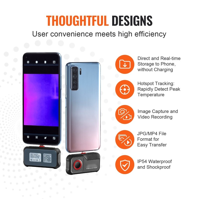 Lämpökamera 256×192 pikseliä 25 Hz Android‑yhteensopiva Type‑C‑liitäntä IP54 -20–550 °C