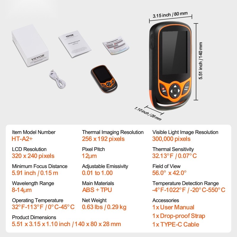 Taskukokoinen lämpökamera 256 x 192 infrapunaresoluutio 3,2 tuuman kosketusnäyttö IP54 -20–550°C