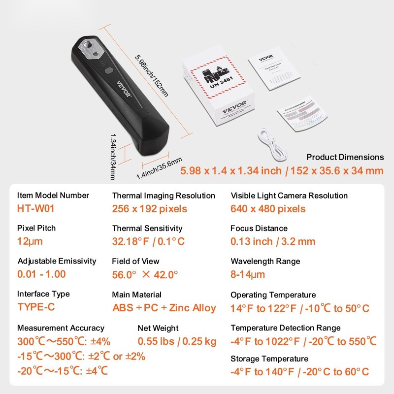 Lämpökamera älypuhelimelle 256×192 infrapunakuvantaja 640×480 näkyväkamera −20–550°C 25Hz IP54