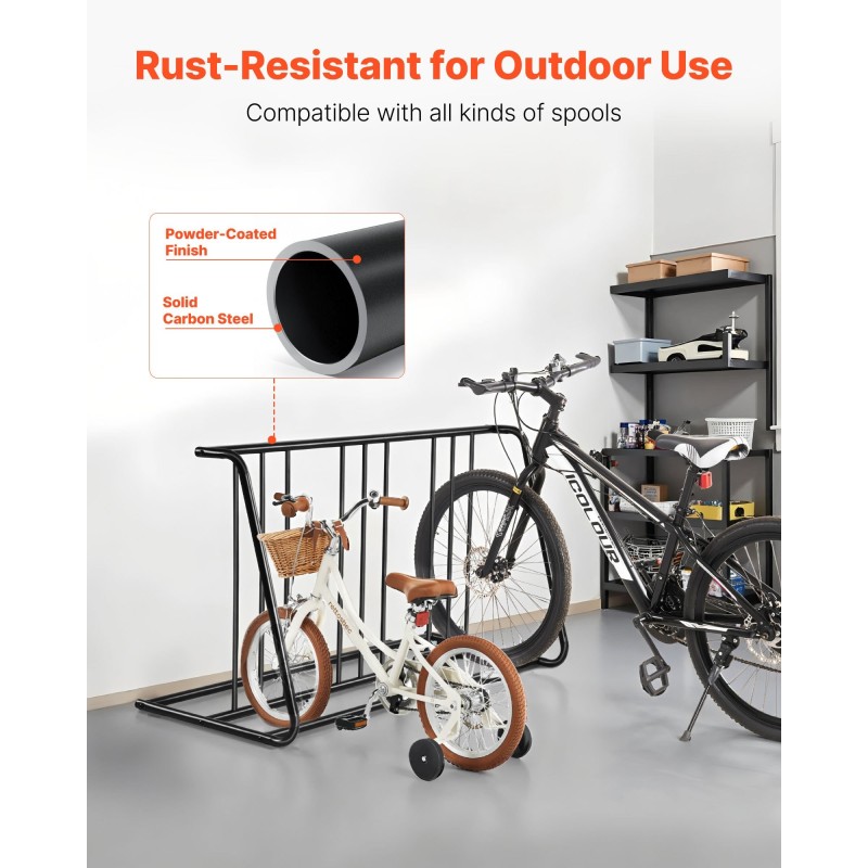 Polkupyöräteline hiiliteräsrunkoinen vapaasti seisova kuudelle polkupyörälle sopii 3 tuuman renkaalle