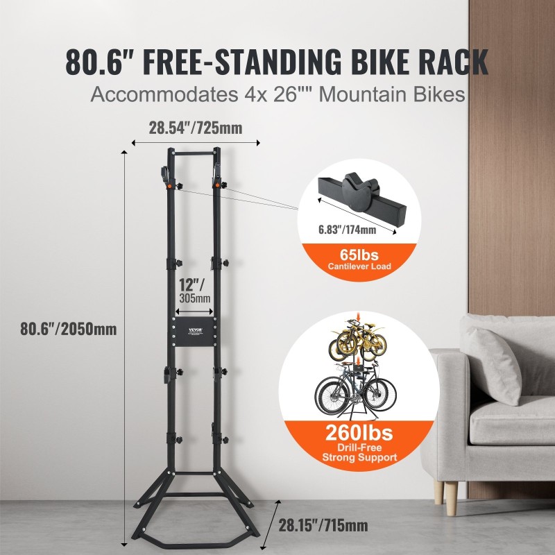 Pystysuora hiiliteräksinen pyöräteline säädettävillä varsilla 4 pyörälle ilman porausta