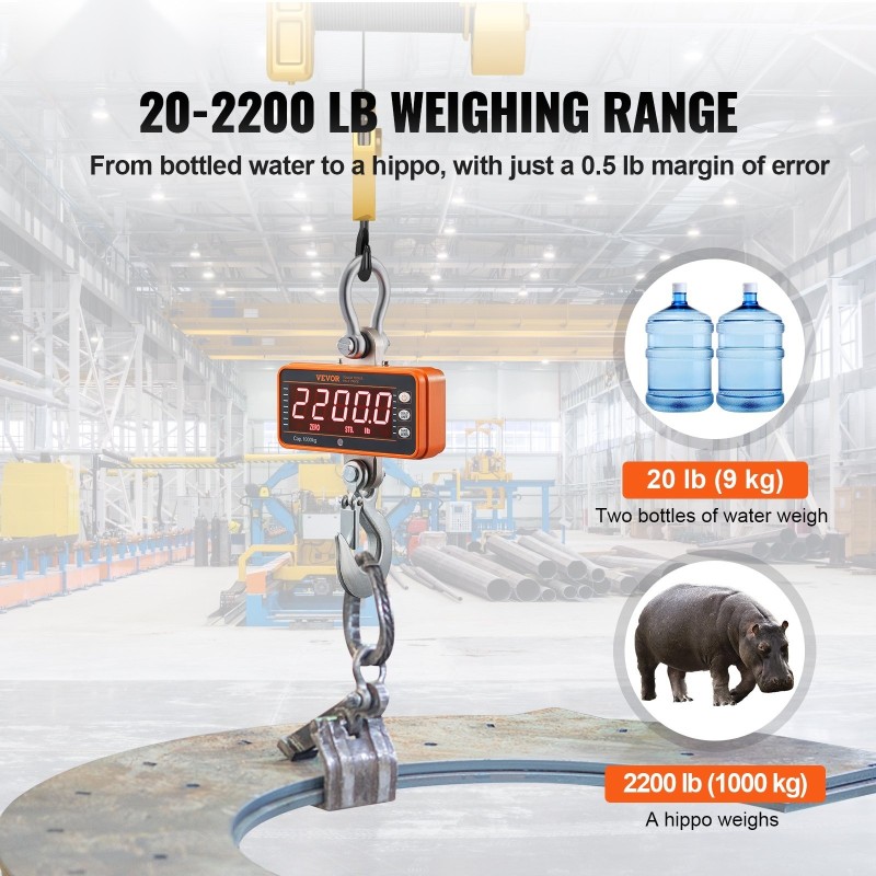 Digitaalinen nosturivaaka valualumiinikuorella 9–1000 kg 0,2 kg tarkkuus LED-näyttö kauko-ohjain