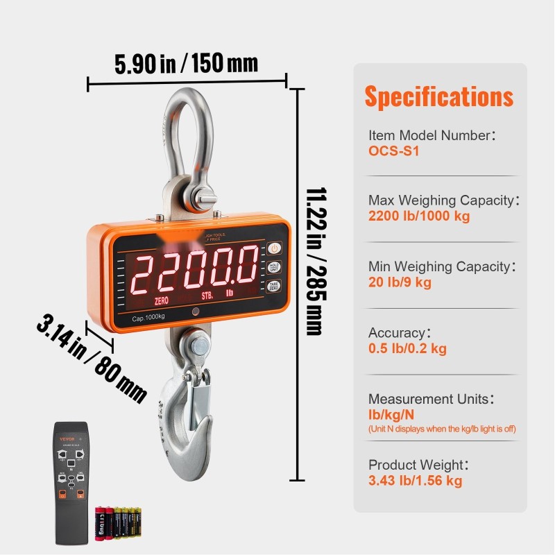 Digitaalinen nosturivaaka valualumiinikuorella 9–1000 kg 0,2 kg tarkkuus LED-näyttö kauko-ohjain
