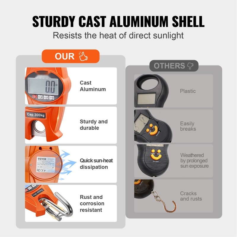 Kompakti digitaalinen ripustettava vaaka 300 kg valualumiinikuori nestekidenäyttö teräskoukut