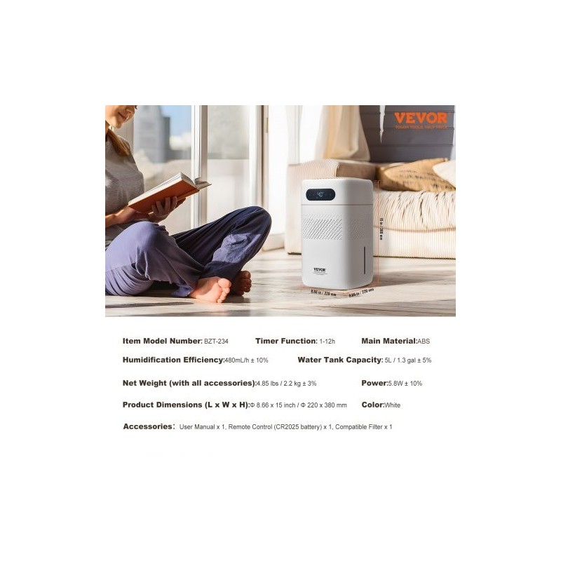 Haihtuva ilmankostutin 5 litran vesisäiliö 480 millilitraa tunnissa suodatus ylhäältä täytettävä