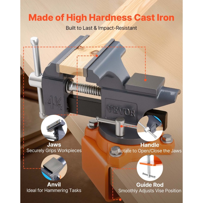 Penkkipuristin pallografiittivaluraudasta 4,5 tuuman leukaleveydellä 270° kääntyvällä jalustalla nopealla vapautuksella