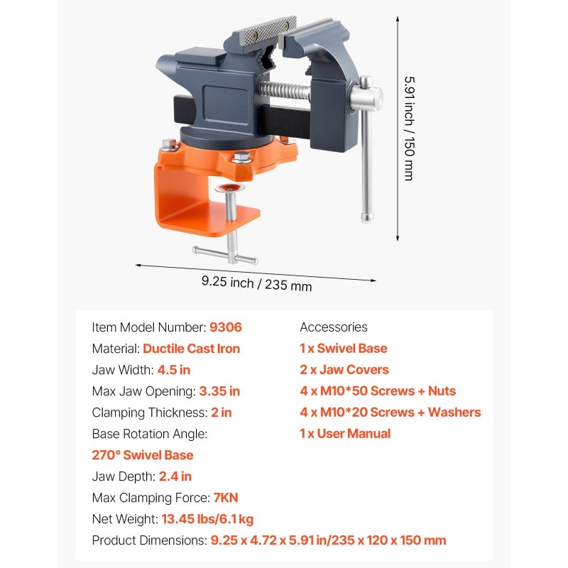 Penkkipuristin pallografiittivaluraudasta 4,5 tuuman leukaleveydellä 270° kääntyvällä jalustalla nopealla vapautuksella